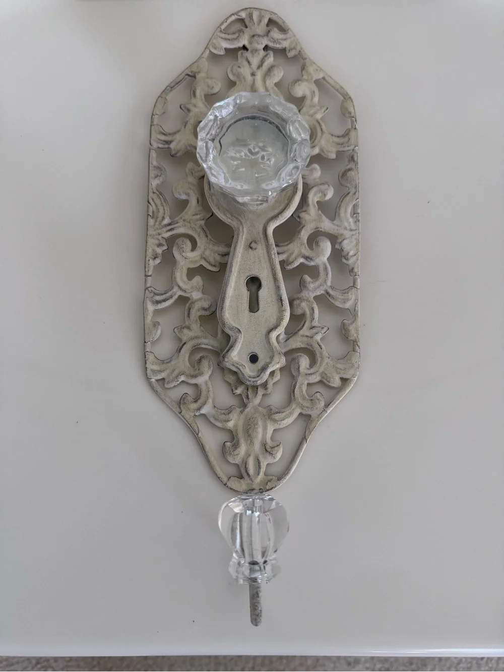 Vintage Cream Chic Wall Sconce Crystal Knob Hook French Country Cottagecore Keys